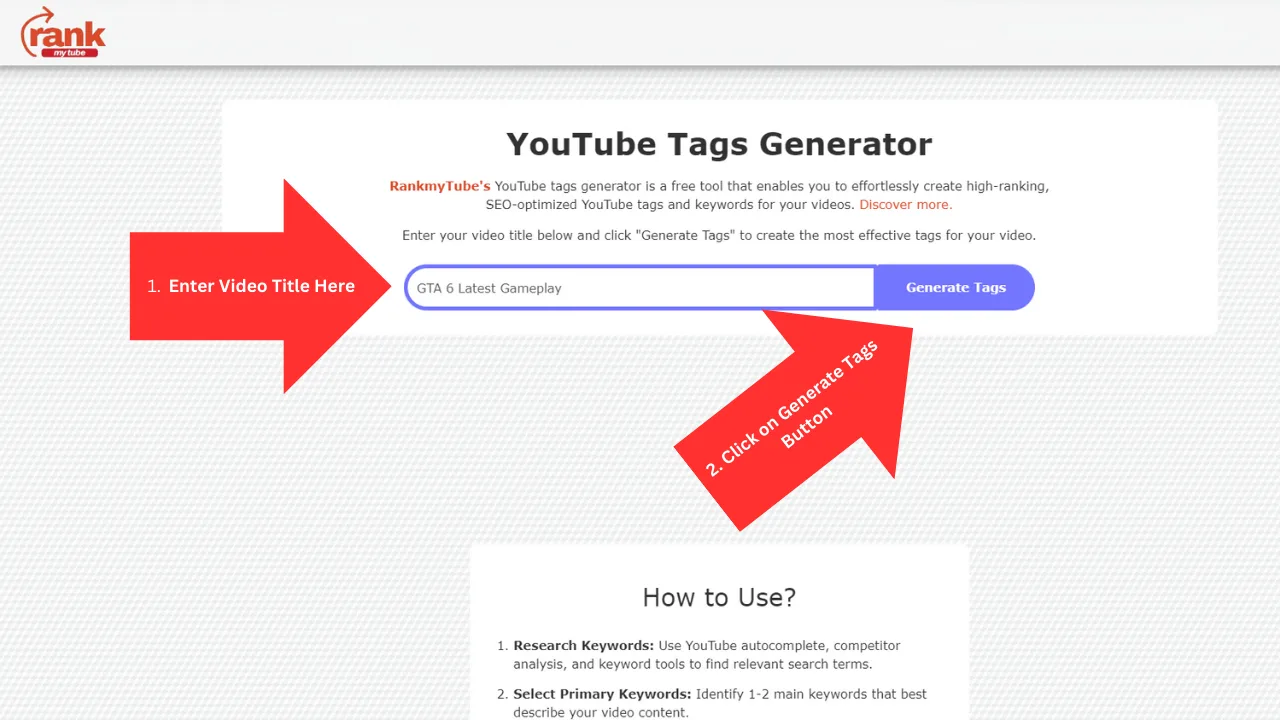 Entering a video title into the tags generator
