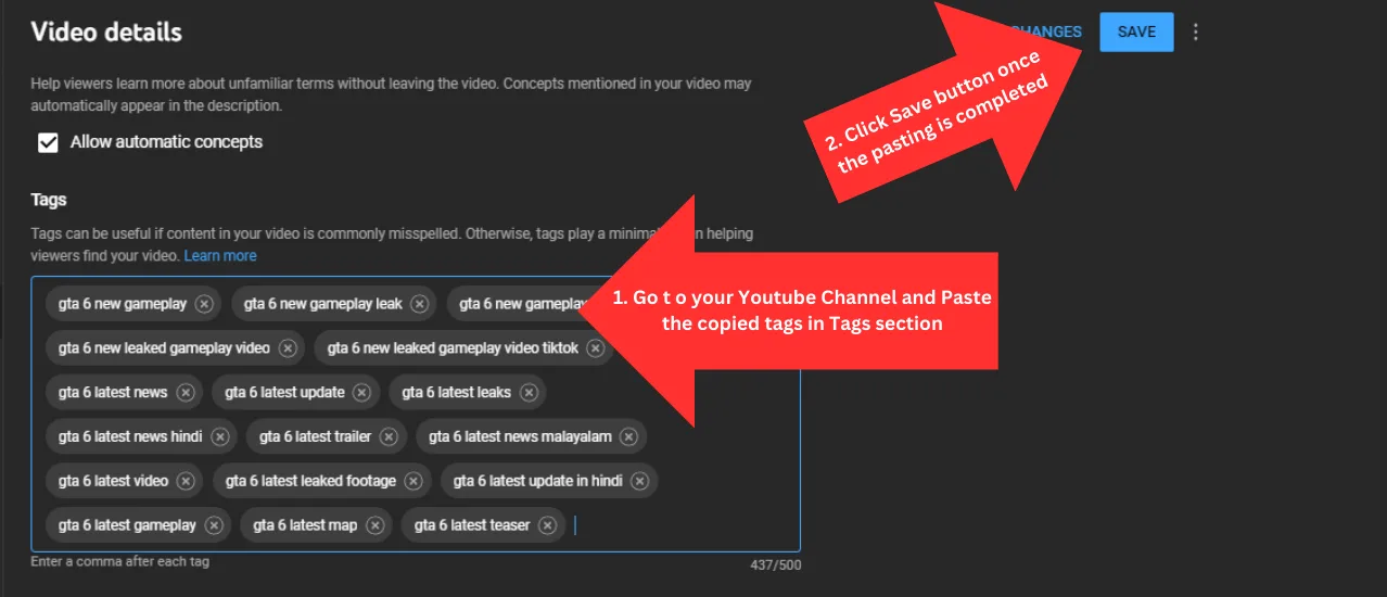 Pasting the copied tags into YouTube Studio