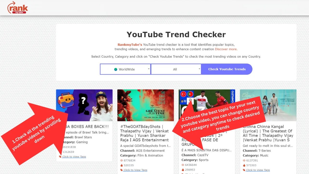Trending video results with view and like counts